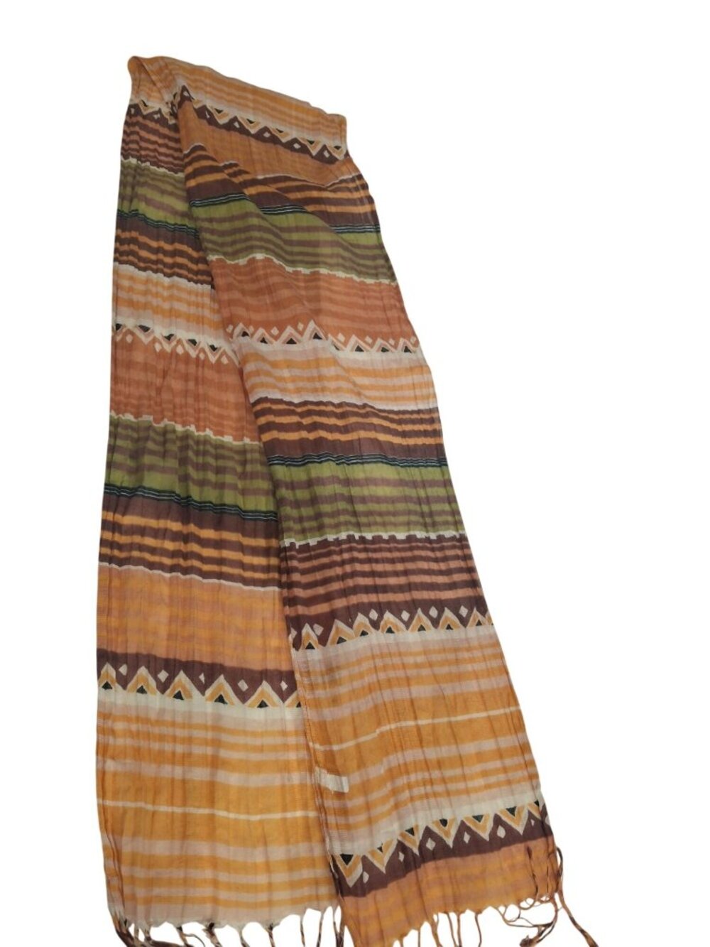 Boho Crinkle Scarf Orange Brown Green Geometric Tribal Fringe Lagenlook 70"